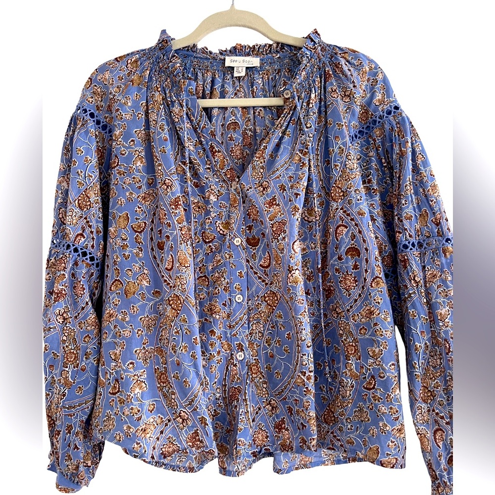 Puff Sleeve Split Neck Boho Peasant Blouse Size M